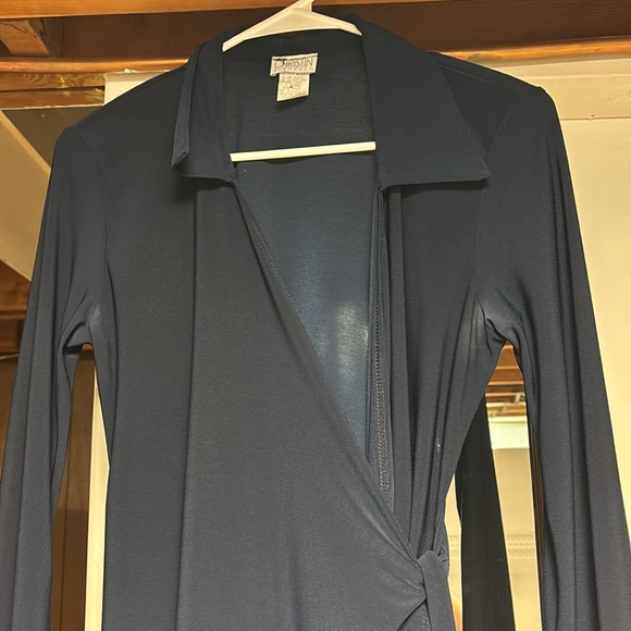 Christin Michaels. Elegant Navy Blue Wrap Dress. Size Medium - Picture 3 of 8